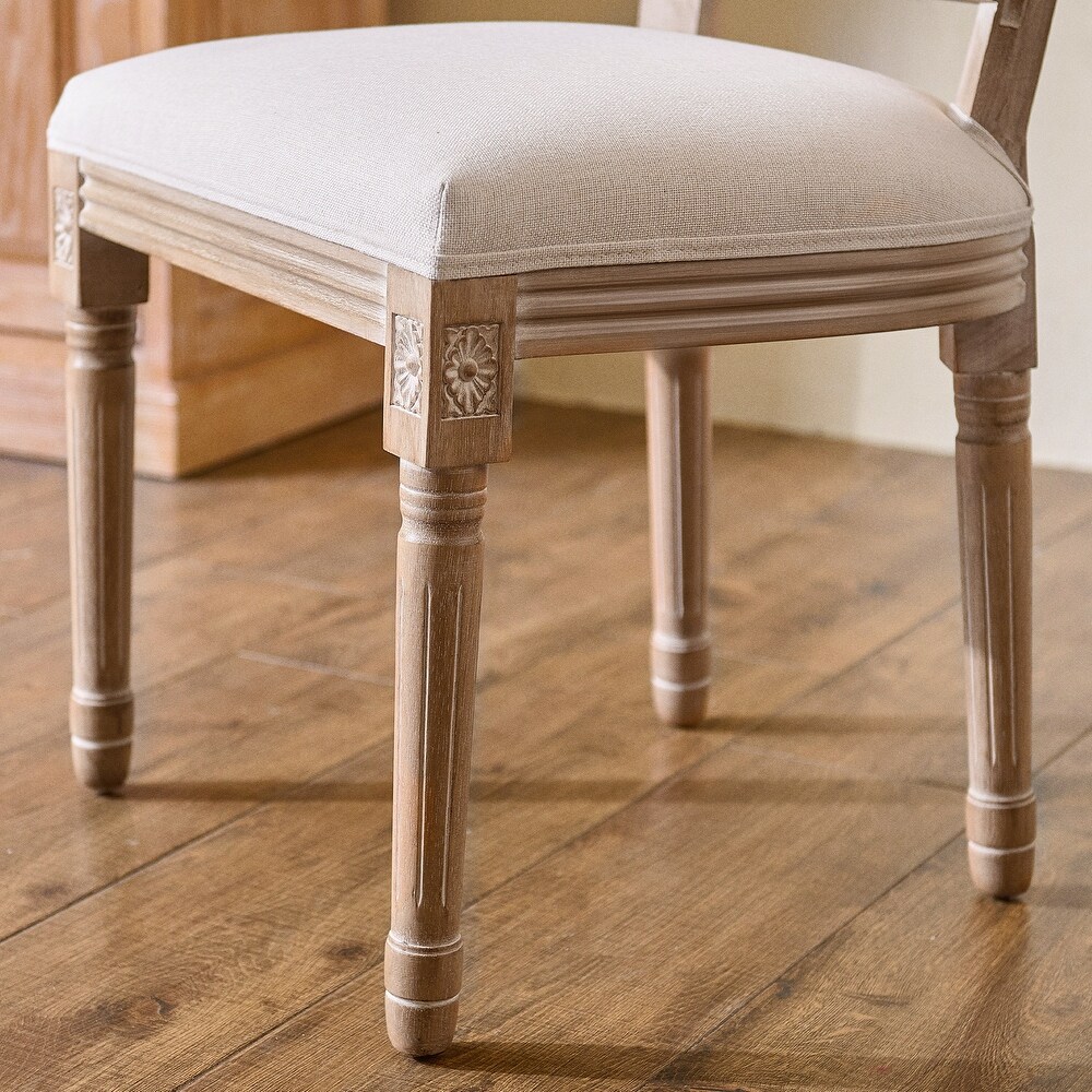 Set of 2 French Side Chairs with Carved Wood Legs   Linen Upholstery