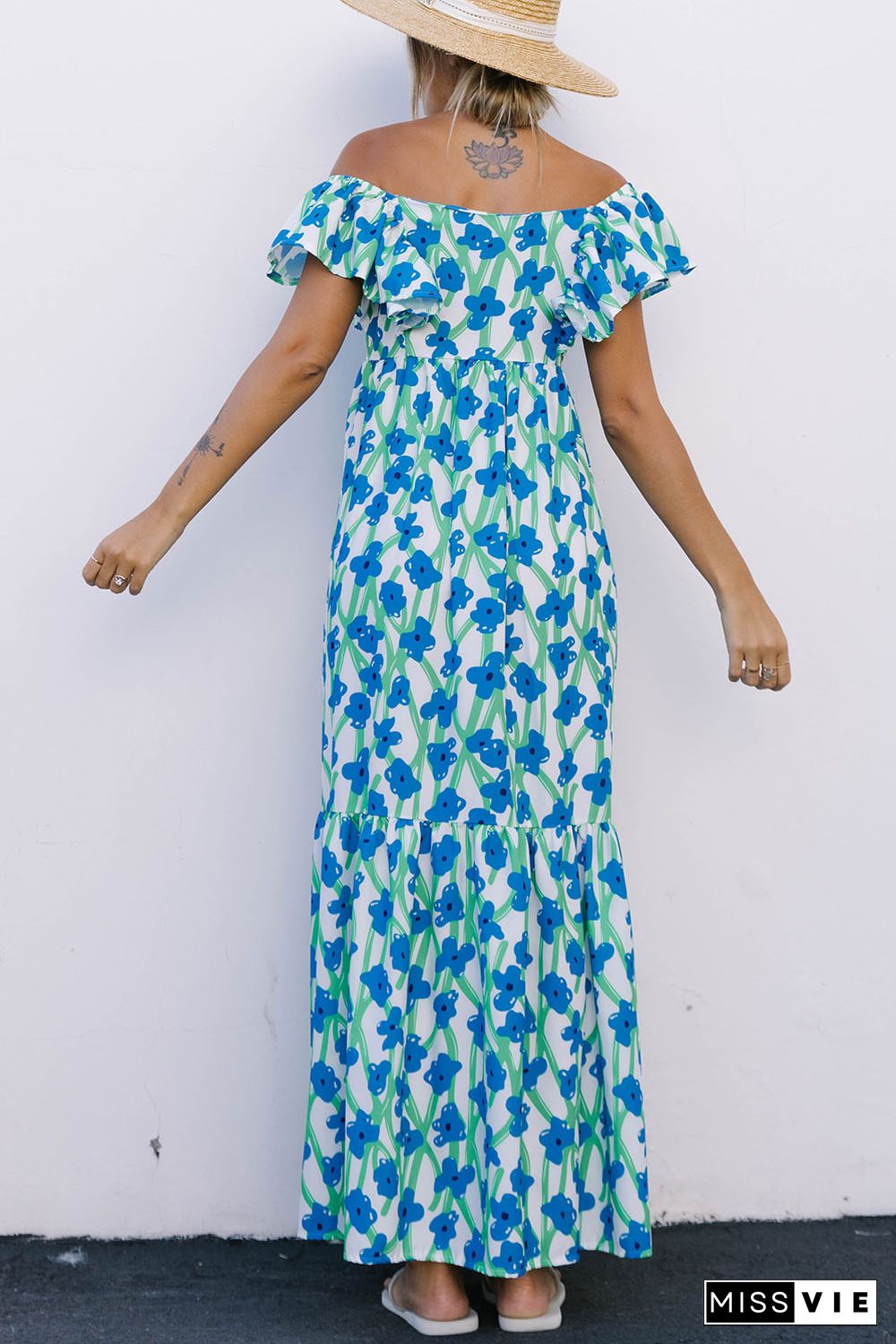 Sky Blue Boho Floral Print Maxi Dress