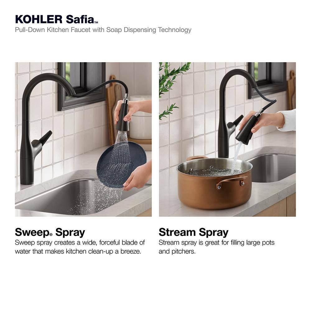 KOHLER Safia 1-Handle Pull Down Sprayer Kitchen Faucet with Integrated Soap Dispenser in Matte Black K-R24298-BL