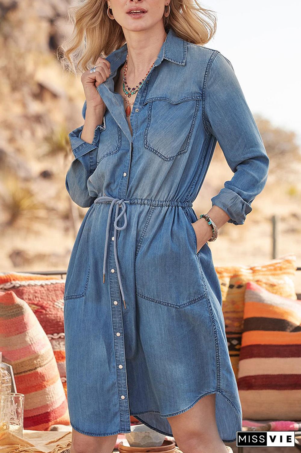 Washed Blue Open Button Drawstring Denim Dress