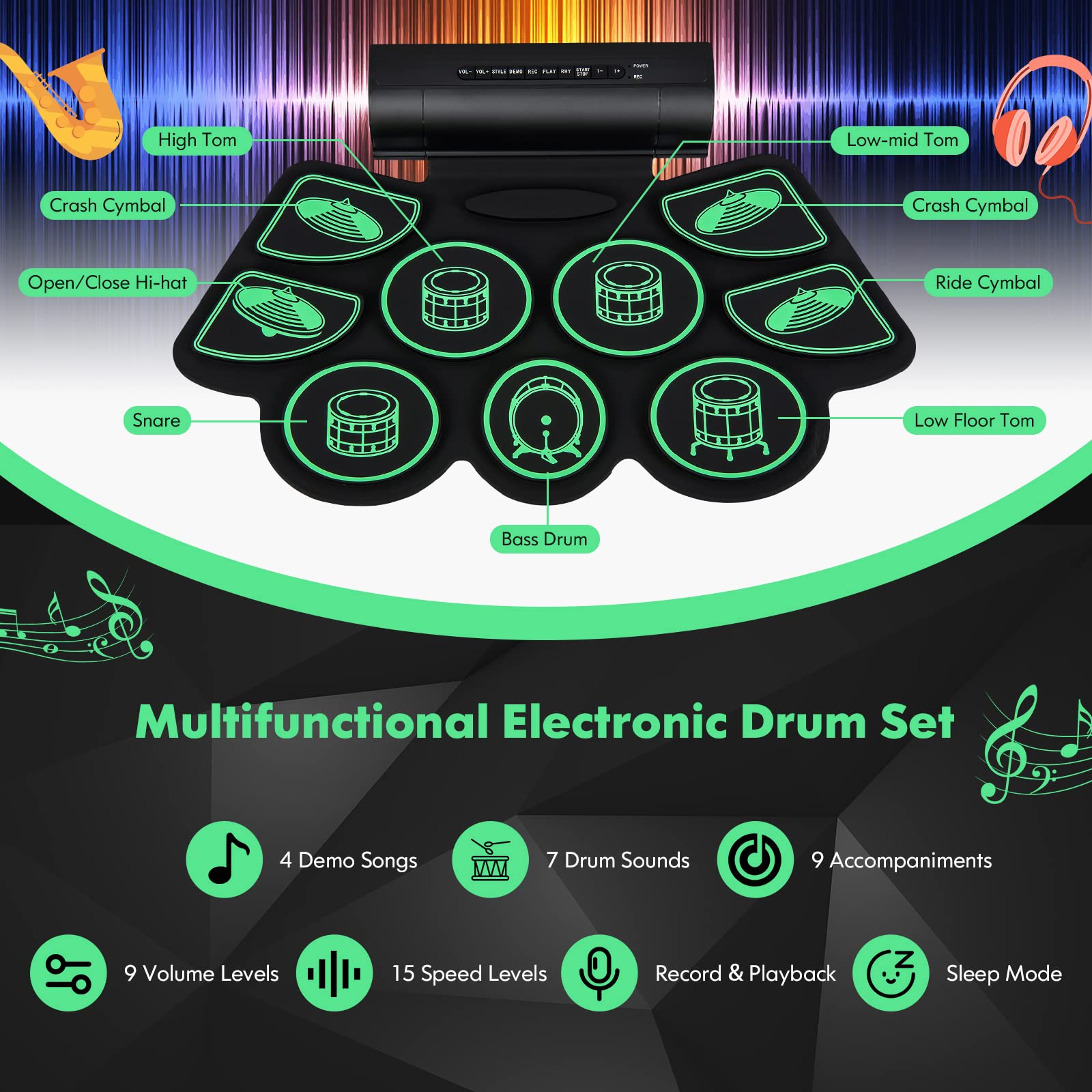 Costzon Electronic Drum Set, 9-Pad Digital Drum Kit w/ 2 Stereo Speakers, Drum Sticks, Foot Pedals