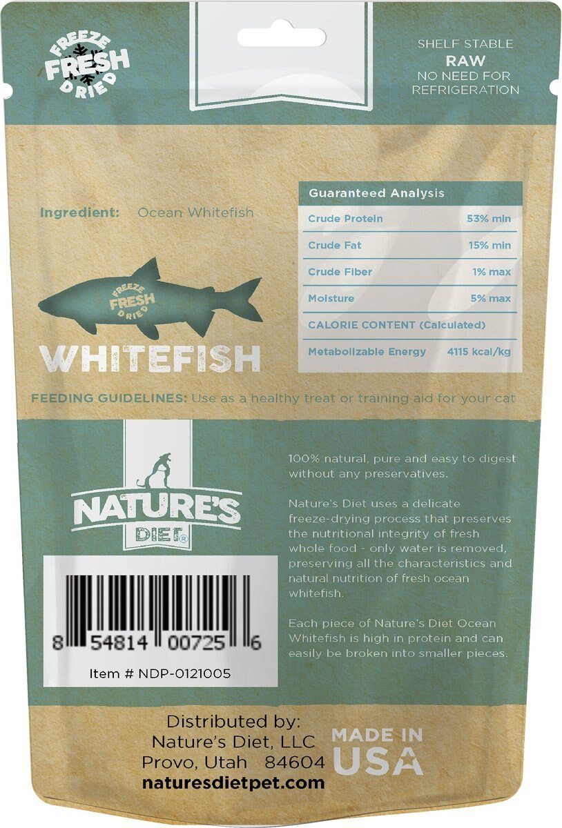 Nature's Diet Whitefish Raw Freeze-Dried Cat Treats， 1-oz pouch