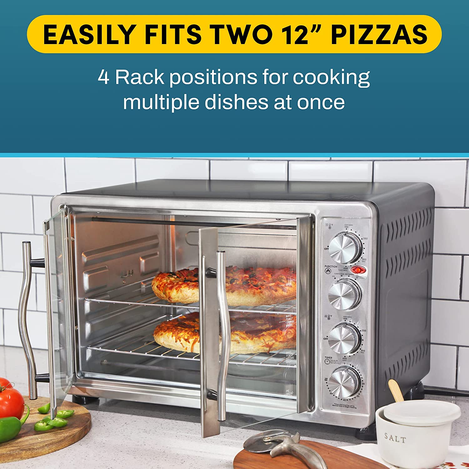 Elite Gourmet ETO4510B# French Door 47.5Qt， 18-Slice Convection Oven 4-Control Knobs， Bake Broil Toast Rotisserie Keep Warm， Includes 2 x 14 Pizza Racks， Stainless Steel