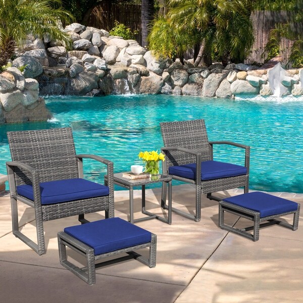 5Piece Patio Wicker Chat Set with Armchairs，Ottomans and Side Table