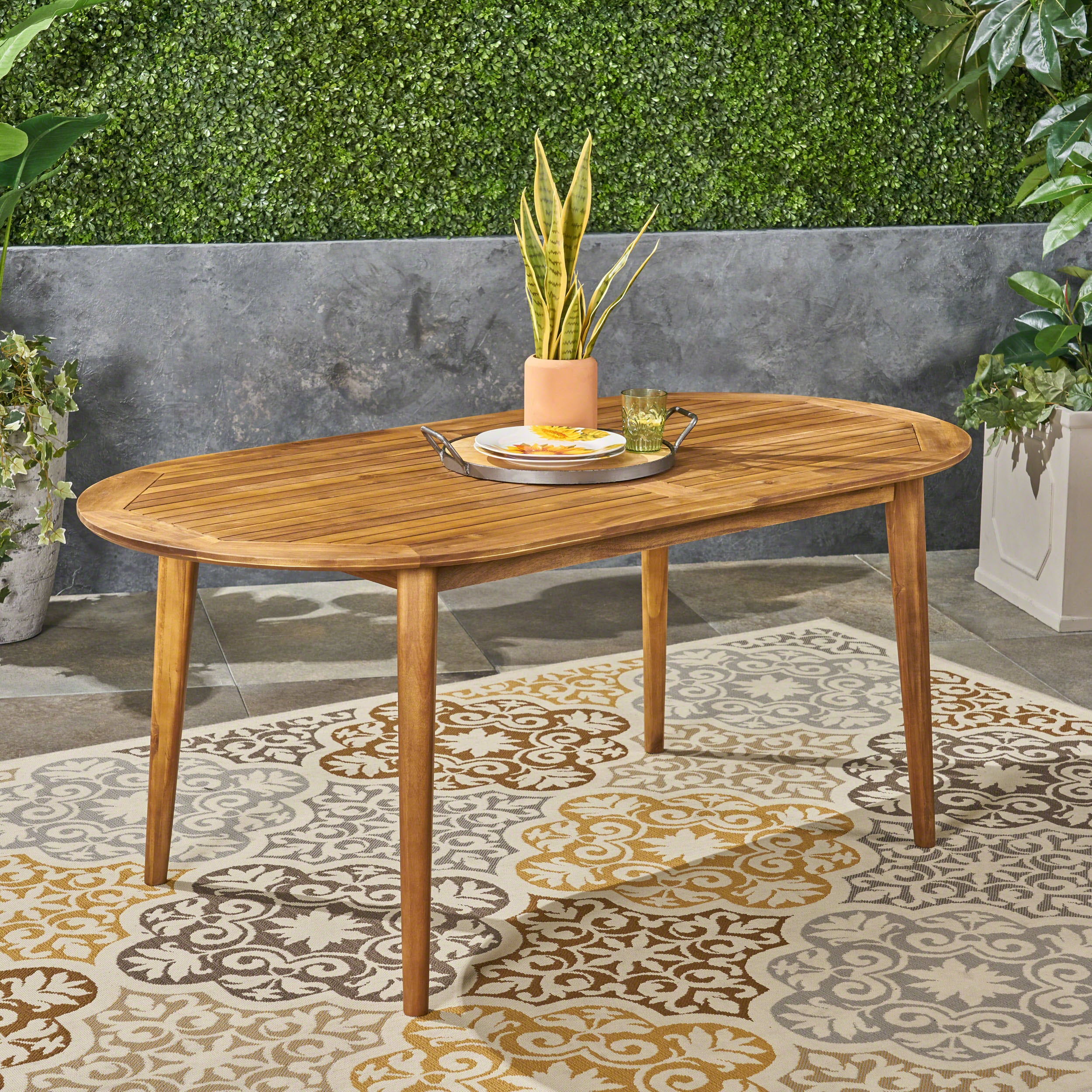 Stanford Outdoor Rustic Slat-Top Acacia Wood Oval Dining Table with Tapered Legs