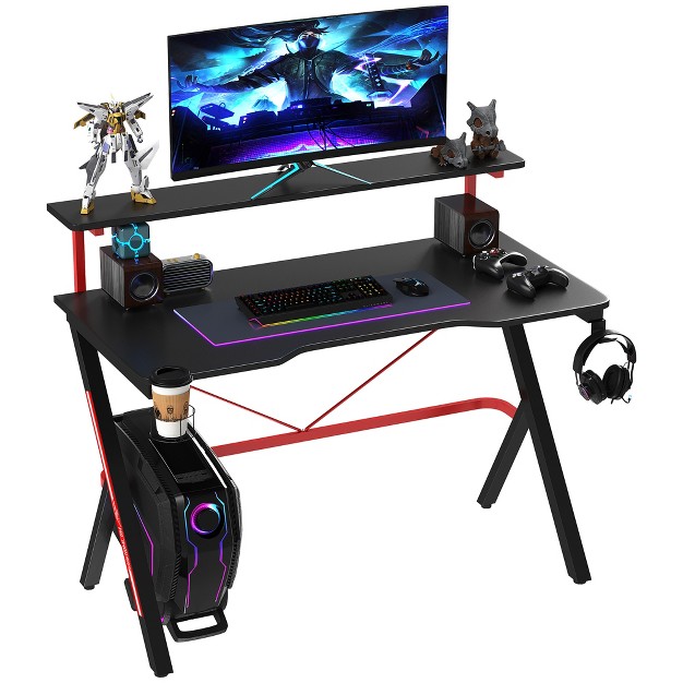 Homcom 47 Inch Gaming Desk Racing Computer Desk Home Office Workstation With Elevated Monitor Shelf Rotatable Cup Holder Headphone Hook Black