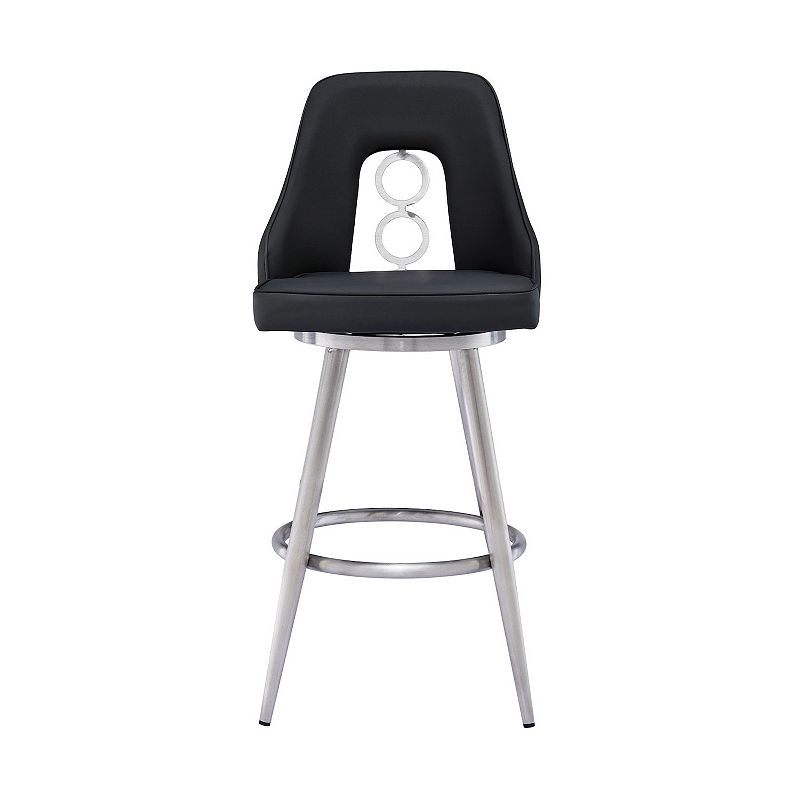 Faux Leather Barstool with Metal Tapered Legs， Black and Silver