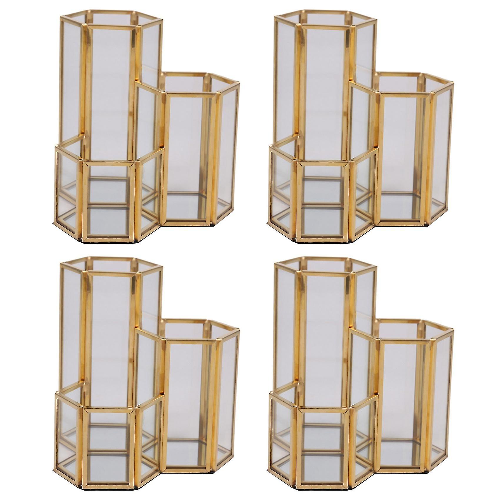 4x Glass Copper Hexagon Composite Pen Holder Makeup Brush Glass Box Multifunction Desktop Organizer