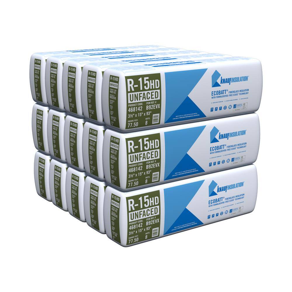 Knauf Insulation R-15 EcoBatt Unfaced Fiberglass Insulation Batt High Density 3-12 in. x 15 in. x 93 in. (15-Bags) 691012