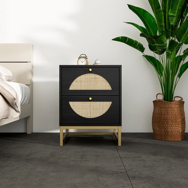 Mid Century Modern NightStand with Natural Rattan Drawer， Side Table for Bedroom Living Room and Small Spaces， Black - - 37981087