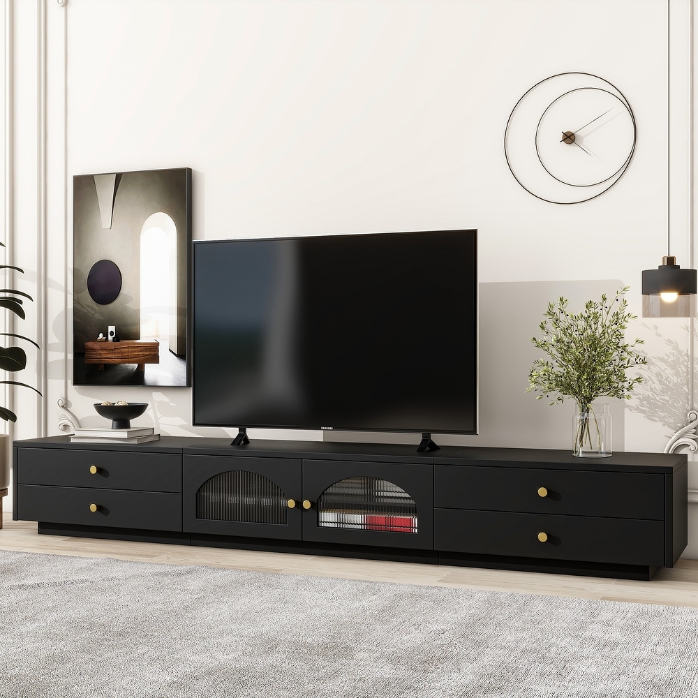 Contemporary 2 Glass Door TV Stand with 4 Drawers for TVs up to 90 Inches