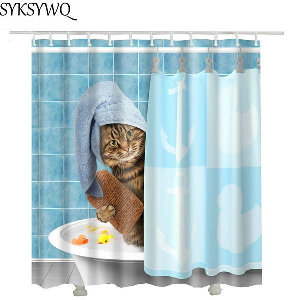 cutely pet cat take bath Shower Curtains drop shopping Creative Waterproof Polyester Fabric Shower Curtain Bathroom