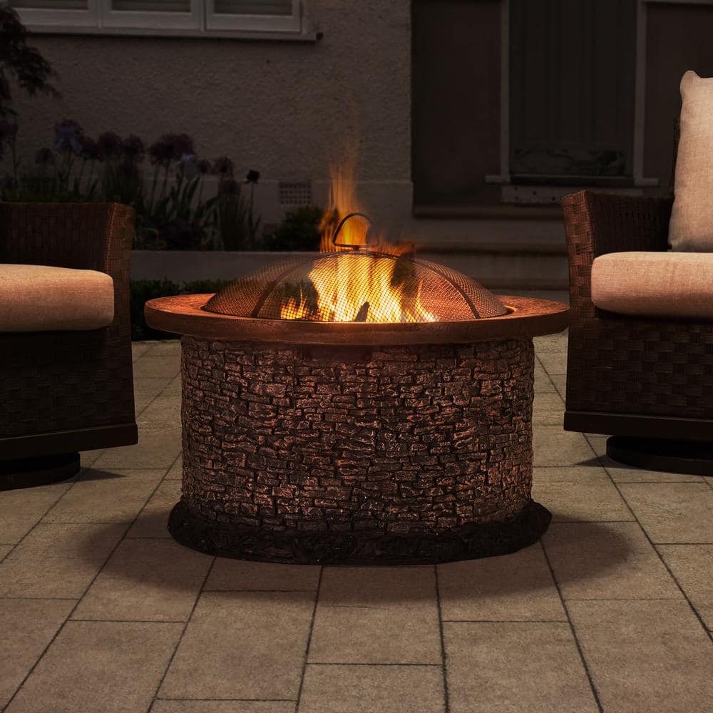 Sunjoy Lankershim Stone 31.89 in. x 24.21 in. Round Steel Wood Burning Firepit 169506