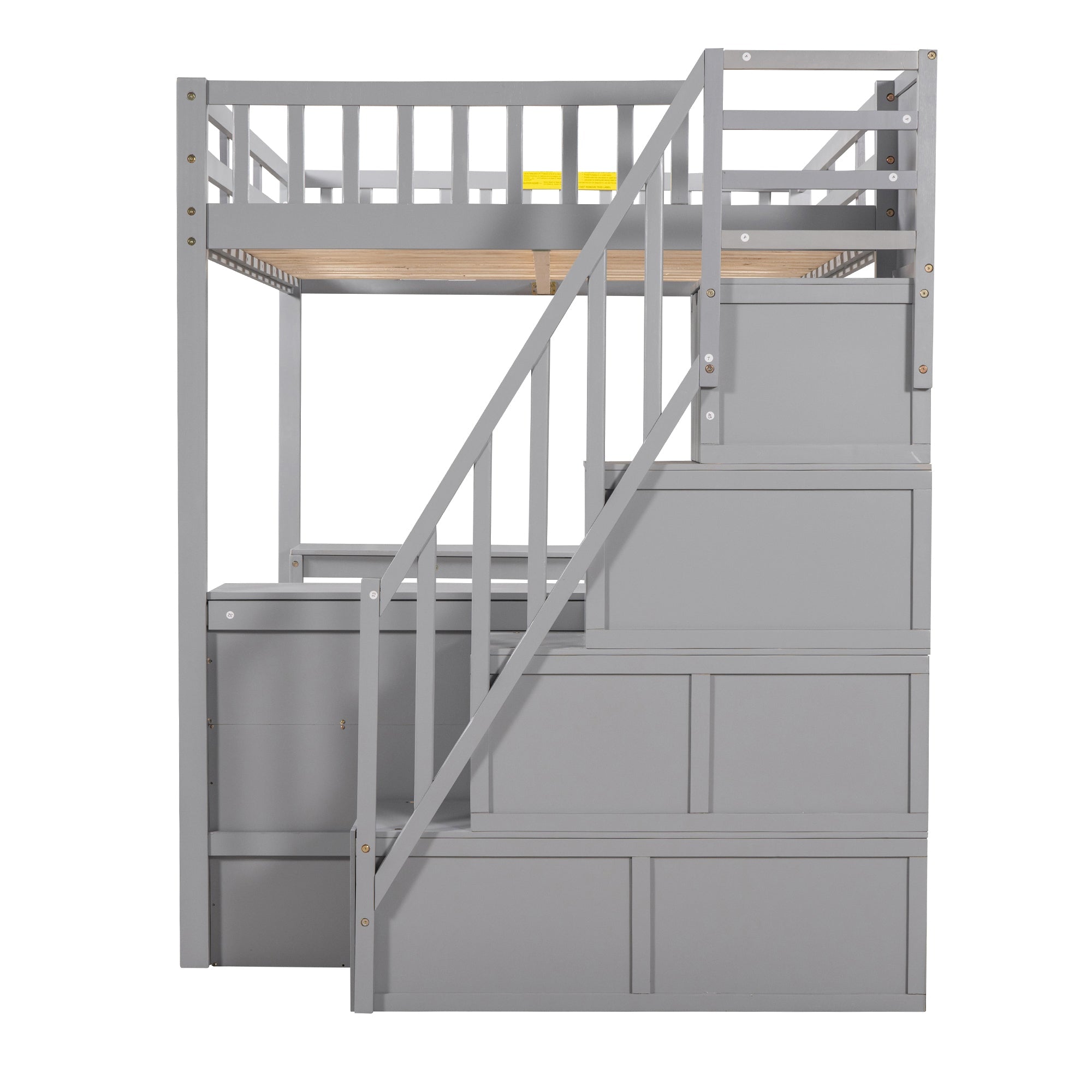 Wood Full Loft Bed with Desk, Shelf and Storage Staircase for Kids, Gray