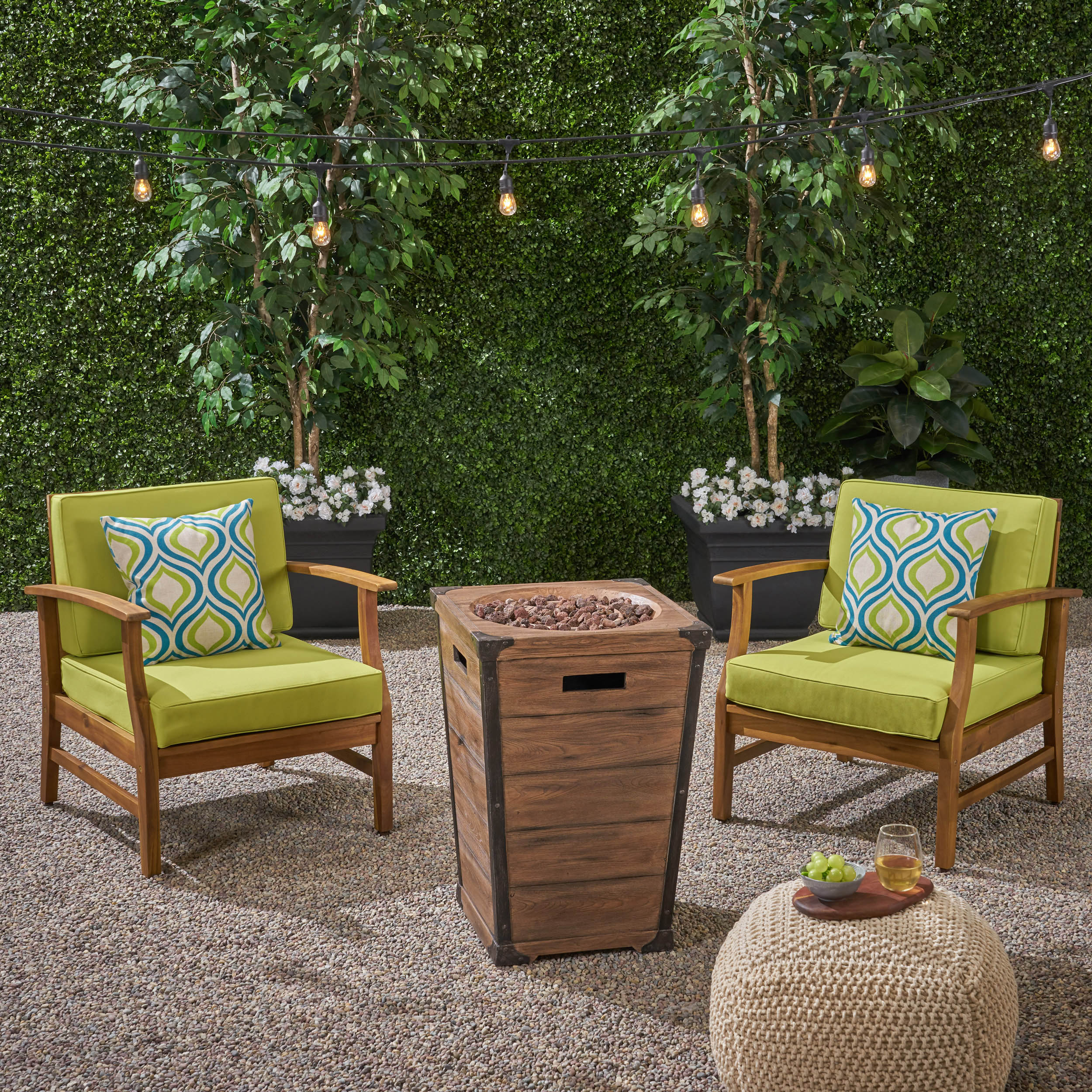 Capri Outdoor 2 Piece Acacia Wood Club Chair Set with Cushions and Fire Column