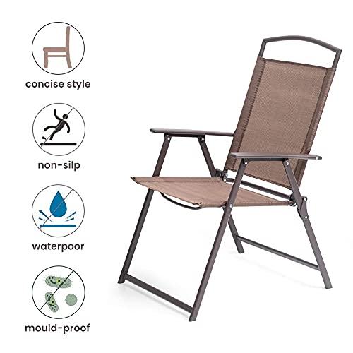 Crestlive Products Set of 4 Patio Folding Chairs 4-Pack Dining Chairs Outdoor Portable Sling with Armrest for Camping, Beach, Garden, Pool, Backyard, Deck (Brown)