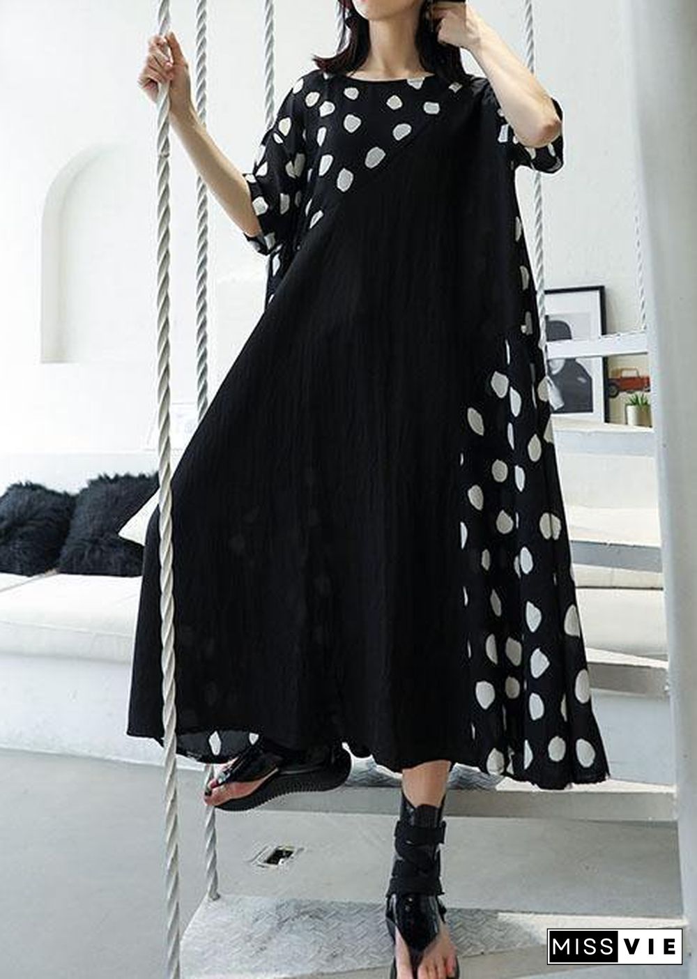 casual black dotted o neck patchwork chiffon long summer dress