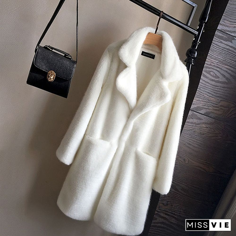 Women Mink Faux Fur Coat Solid Female Turn Down Collar Winter Warm Fur Lady Overcoat Casual Jacket