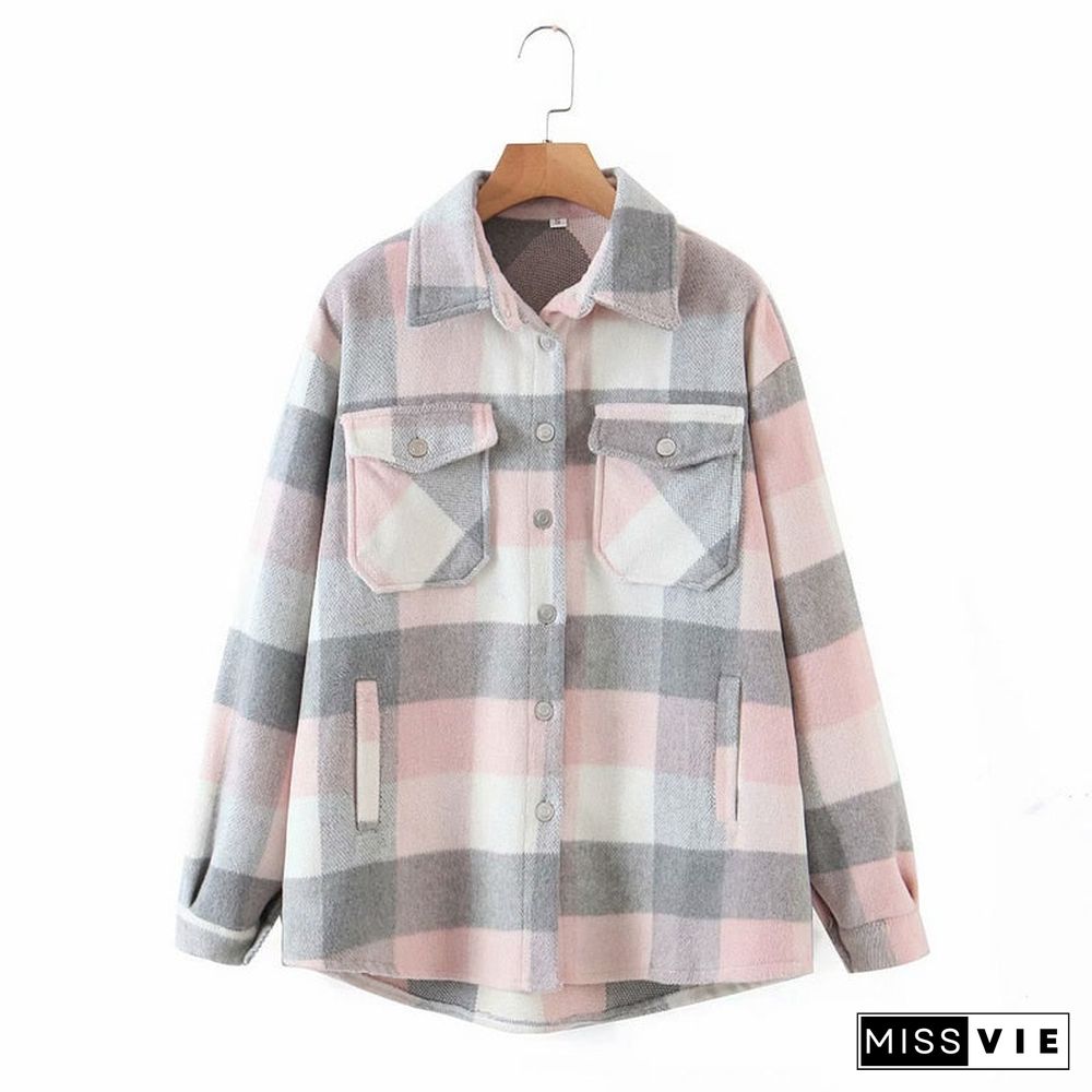 Womens Plaid Shirt Jacket Coat Ladies Pockets Thick Turn Down Collar Plus Size Female Outerwear