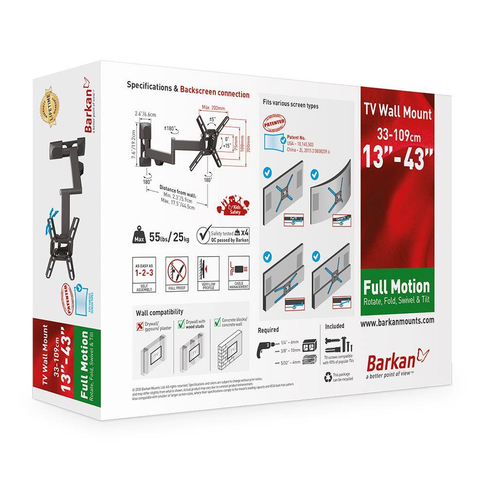 Barkan a Better Point of View Barkan 13 in to 39 in Full Motion - 4 Movement Flat TV Wall Mount up to 55 lbs UL certified 2400.B