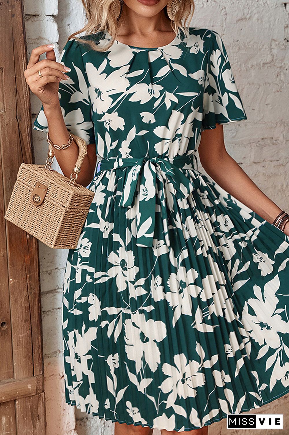 Green Floral Flare Sleeves Pleated Midi Dress