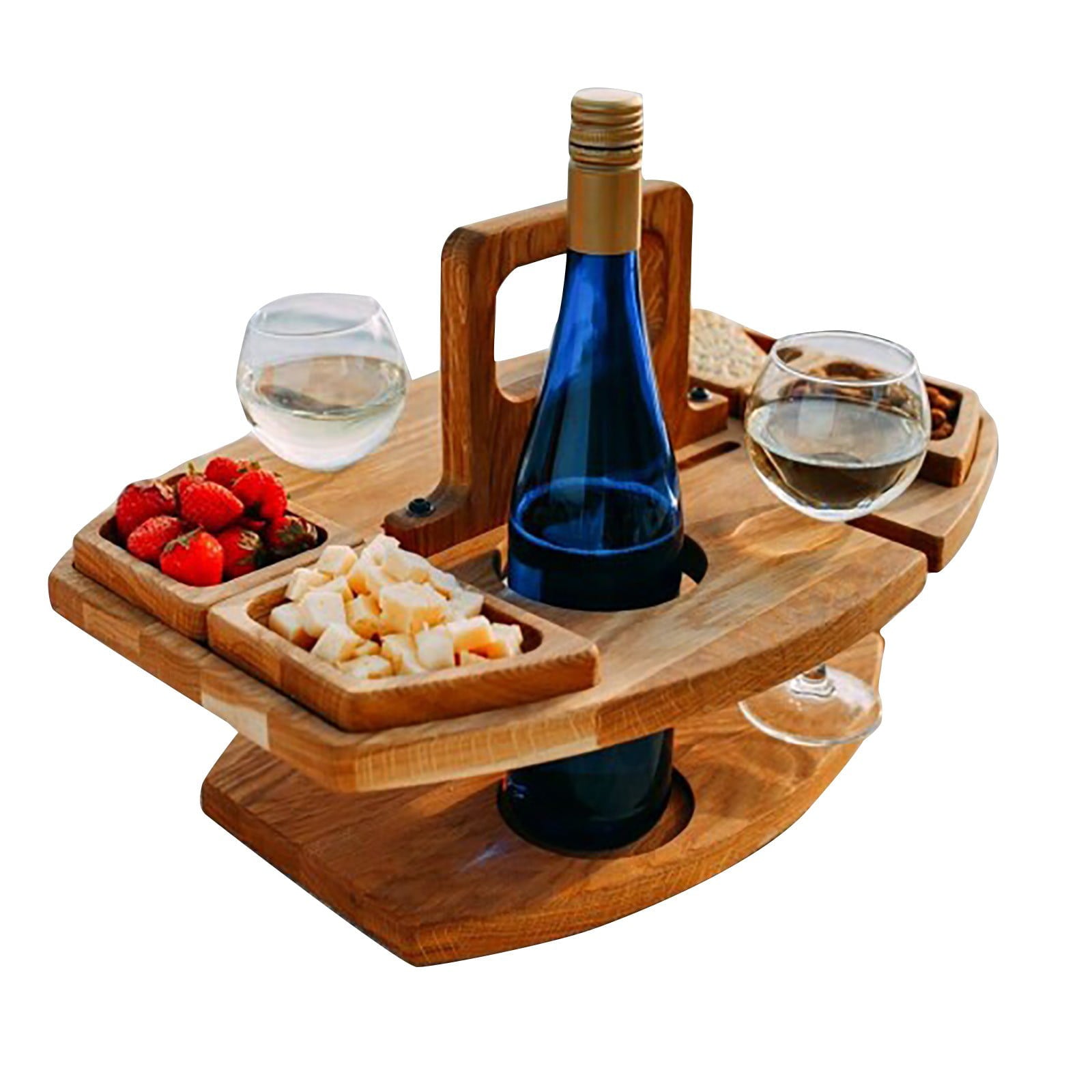 Yubatuo Portable Wine Picnic Table with Bottle and Glass Holder， Wooden Wine Picnic Tables for Outdoors， Champagne Picnic Snack Table， Bamboo Snack and Cheese Tray for Camping， Beach， Outdoor， Indoor