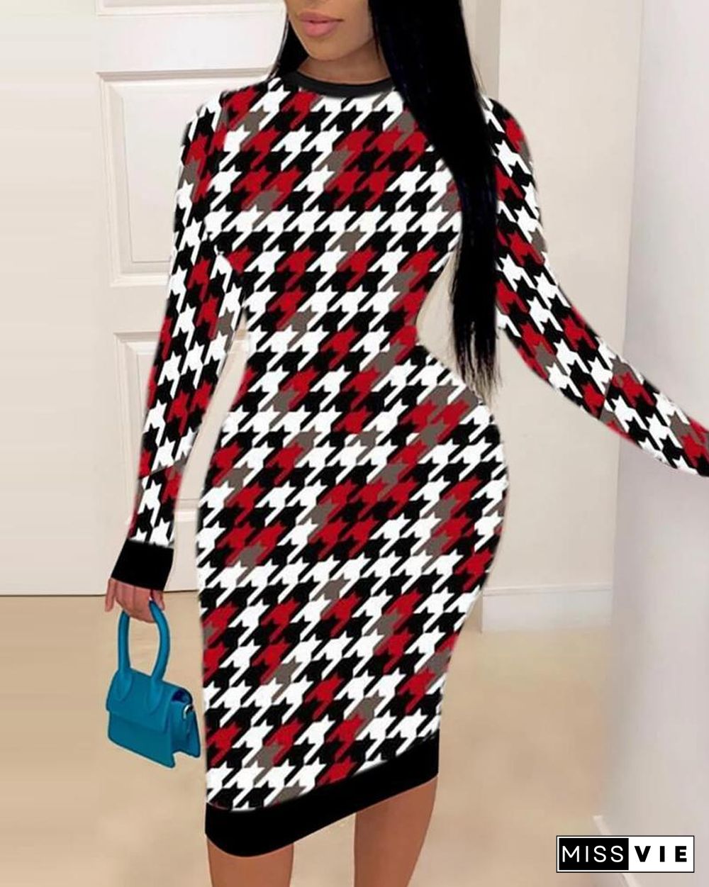 Houndstooth Print Long Sleeve Bodycon Dress P12376