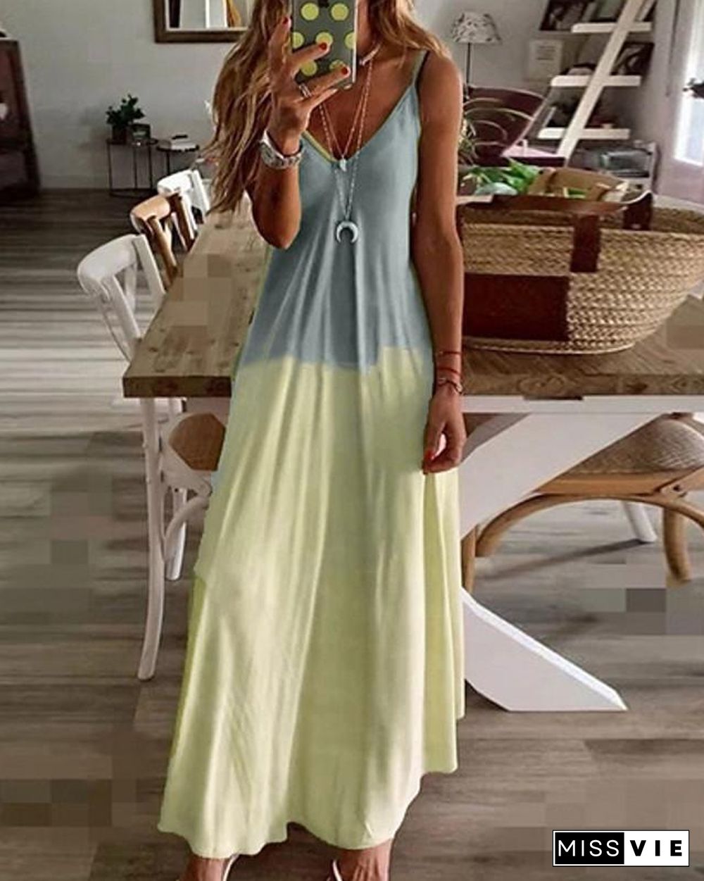 Women's Strap Dress Maxi long Dress Sleeveless Color Gradient Summer