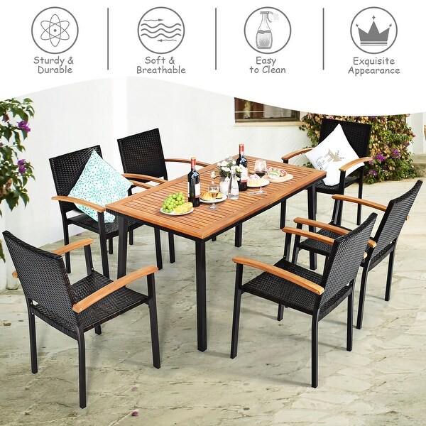 Costway 7 PCS Patio Rattan Dining Set Acacia Wood Table Top Stackable