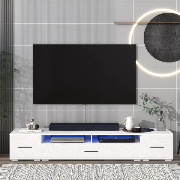 82''W Extended Minimalist RGB LED Lights TV Stand Modern Universal Entertainment Center High Gloss TV Cabinet for 90+ inch TV