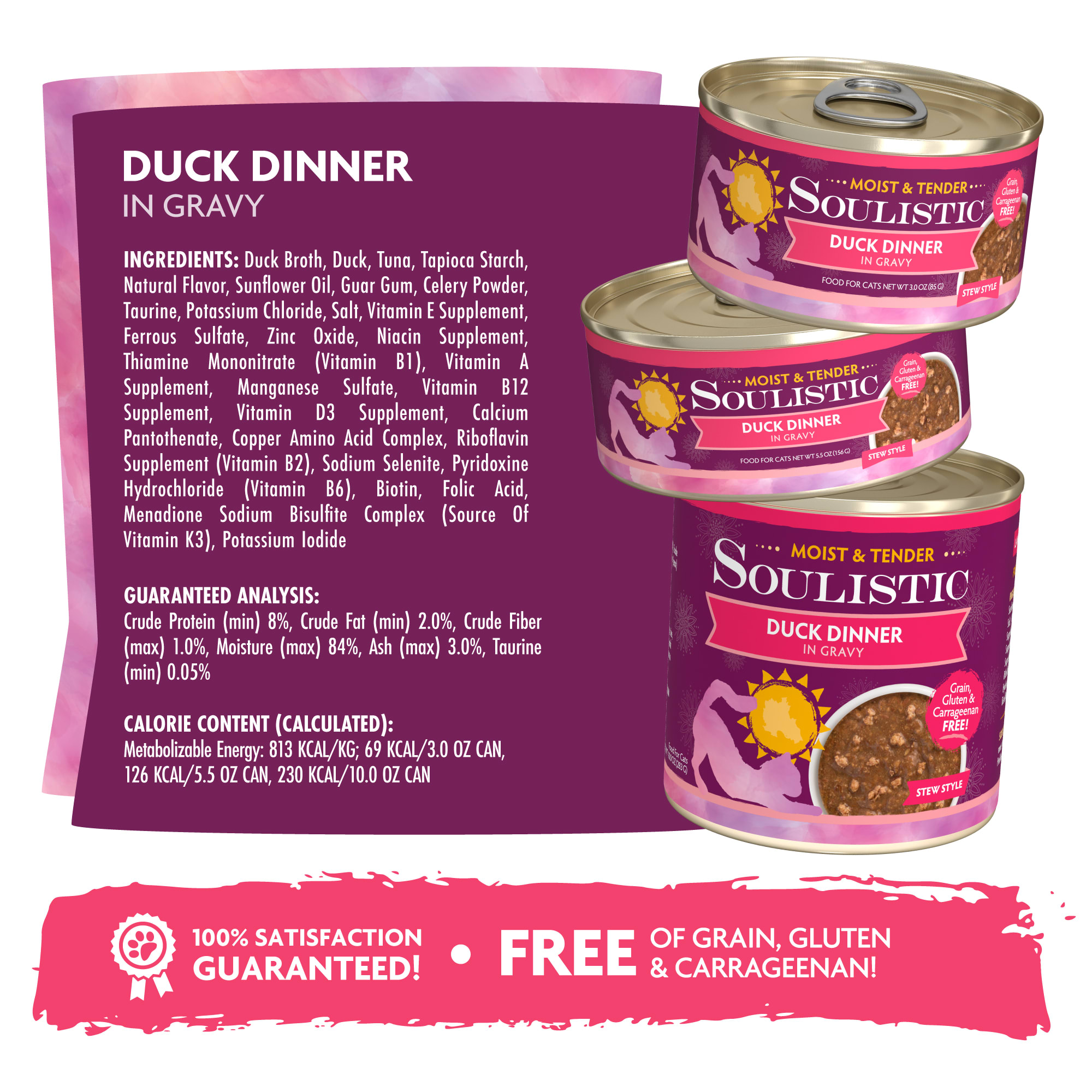 Soulistic Moist  Tender Duck Dinner in Gravy Wet Cat Food， 3 oz.， Case of 12