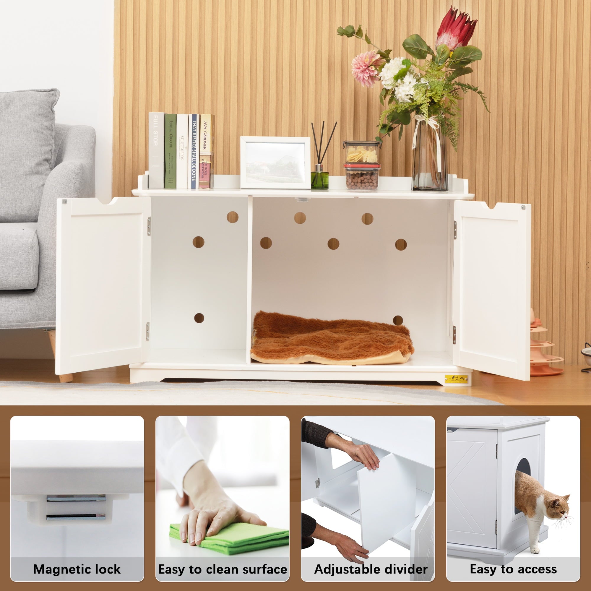 Coziwow Cat Litter Box Enclosure Washroom Storage Bench Cat House Furniture， White