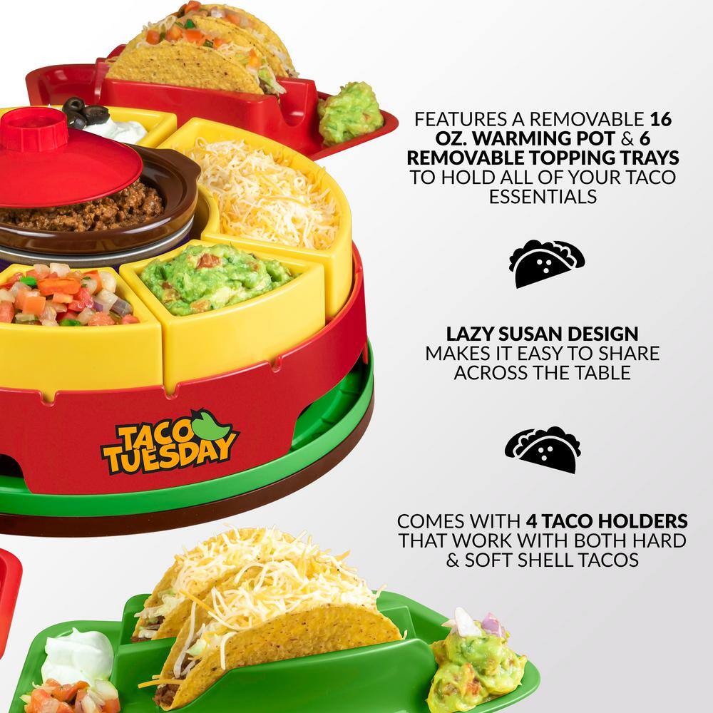 TACO TUESDAY Taco Tuesday Red Heated Lazy Susan Toppings Bar 20-Oz. Warming Pot With 4 Tortilla Holders TTLSTB10