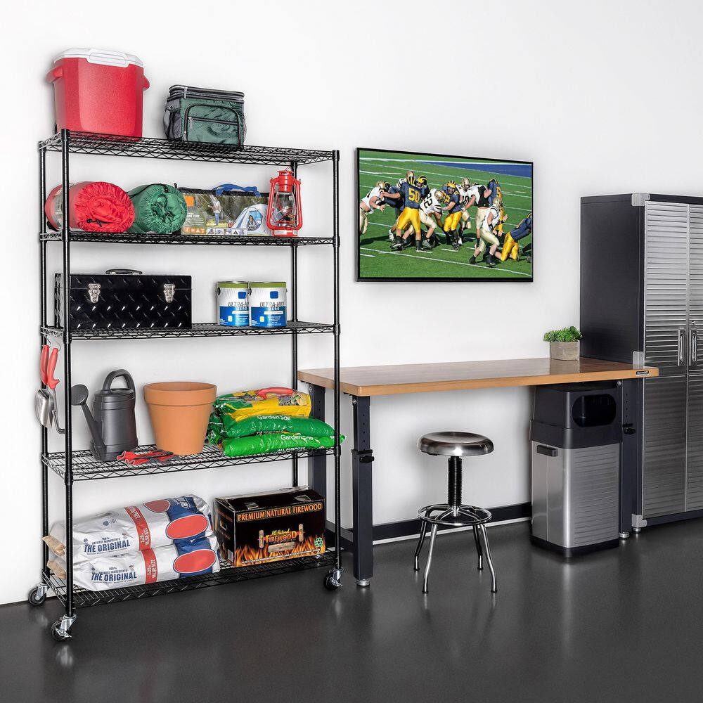 Seville Classics UltraDurable Black 5-Tier Adjustable Rolling Wire Steel Garage Storage Shelving (48 in. W x 75 in. H x 18 in. D) WEB725