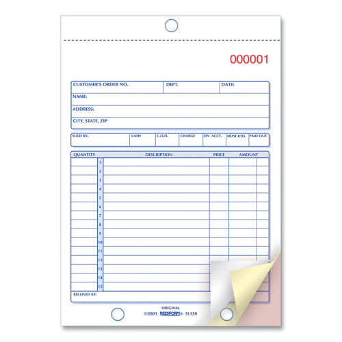 Rediform Sales Book， Three-Part Carbonless， 5.5 x 7.88， 1/Page， 50 Sets/Book (5L350)