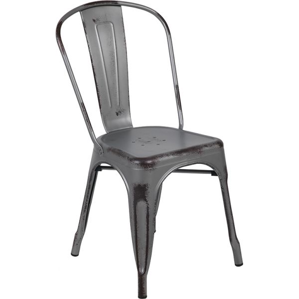 Tenley Commercial Grade Distressed Silver Gray Metal Indoor-Outdoor Stackable Chair