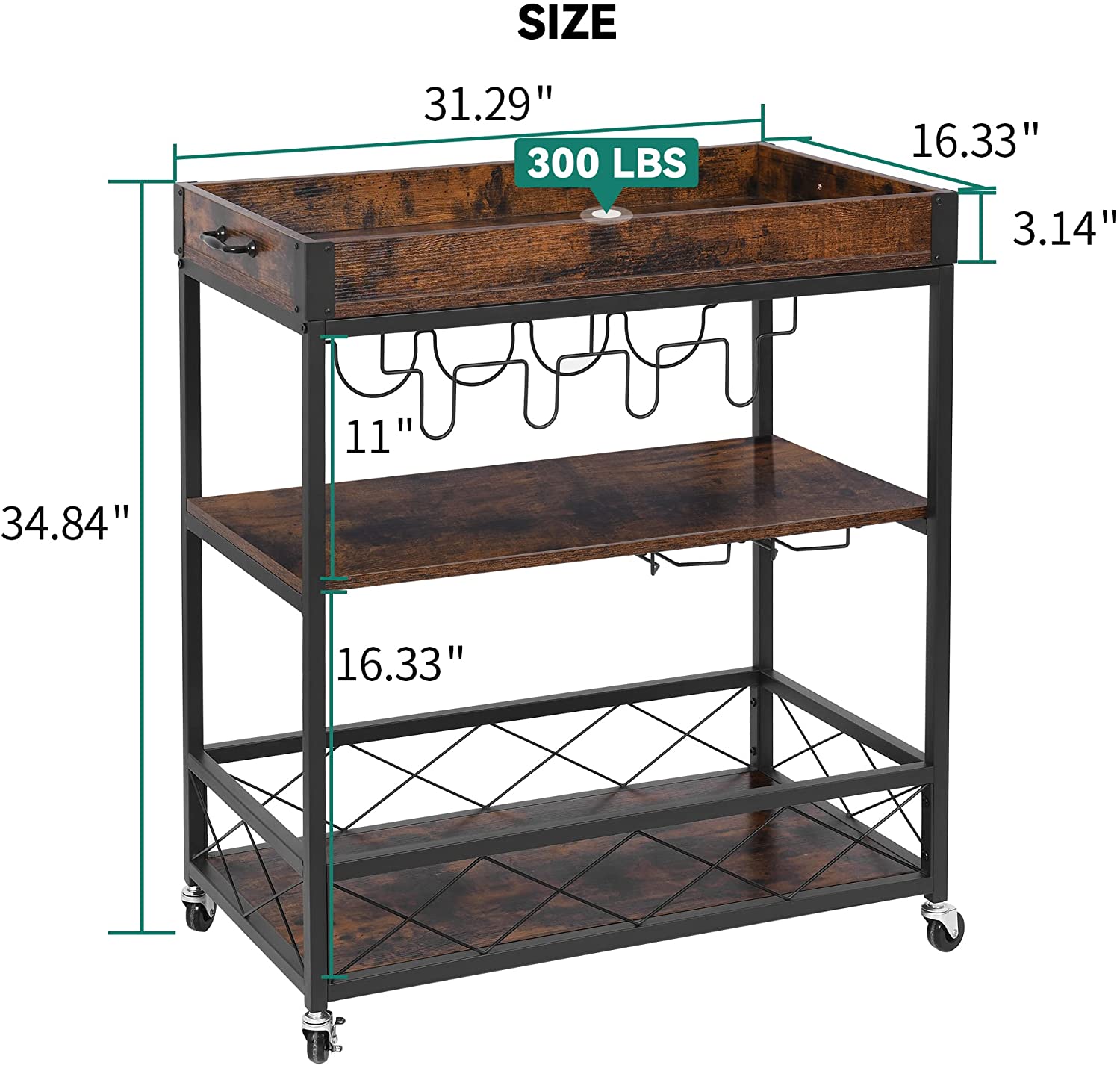 DWVO 3-Tier Kitchen Cart，Industrial Bar Carts on Wheels with Removable Wood Top Container with Wine Rack Glasses Holder， Rustic Brown