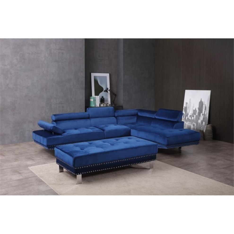 Maklaine Contemporary styled Velvet Sectional in Navy Blue Finish   Contemporary   Sectional Sofas   by Homesquare  Houzz