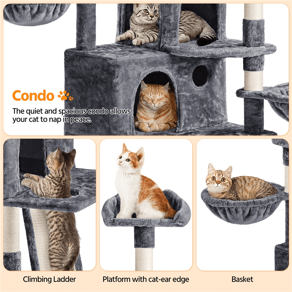 SMILE MART 76.5" Large Cat Tree Tower with 3 Condos Cozy Perches Dangling Ball, Dark Gray