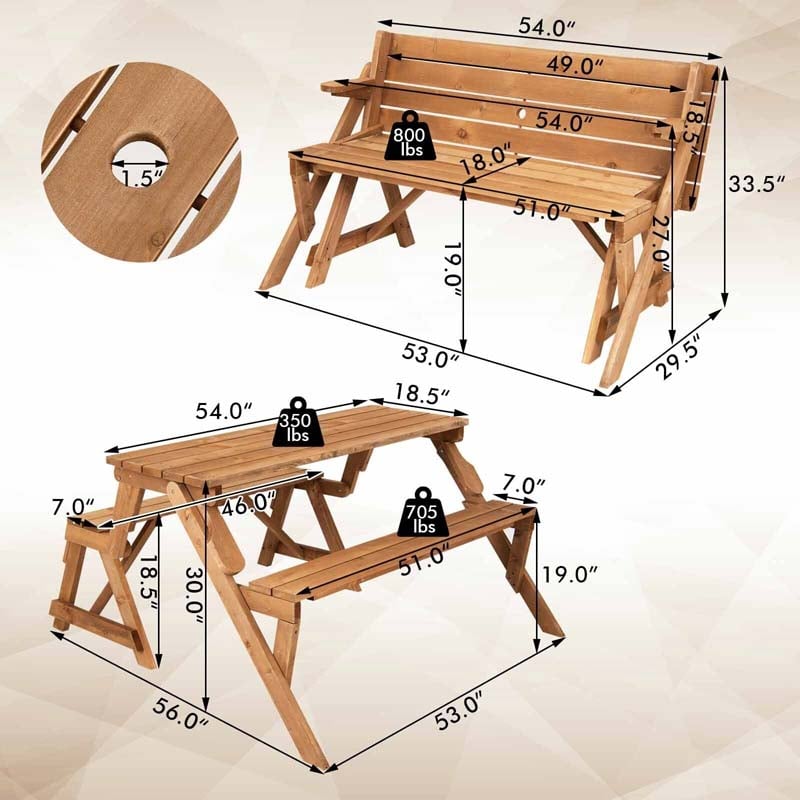 2-in-1 Convertible Wooden Picnic Table Garden Bench, Outdoor Folding Picnic Bench Set with Umbrella Hole