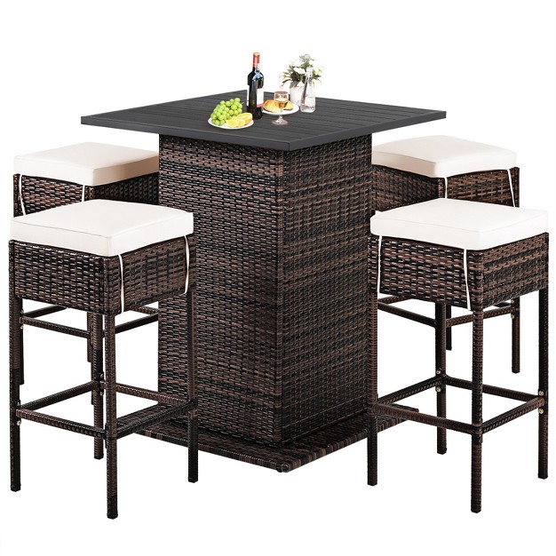 Tangkula 5 Pcs Patio Rattan Dinning Set Conversation Set All Weather Wicker Bar Table Stool Set W hidden Storage Shelf amp Cushions