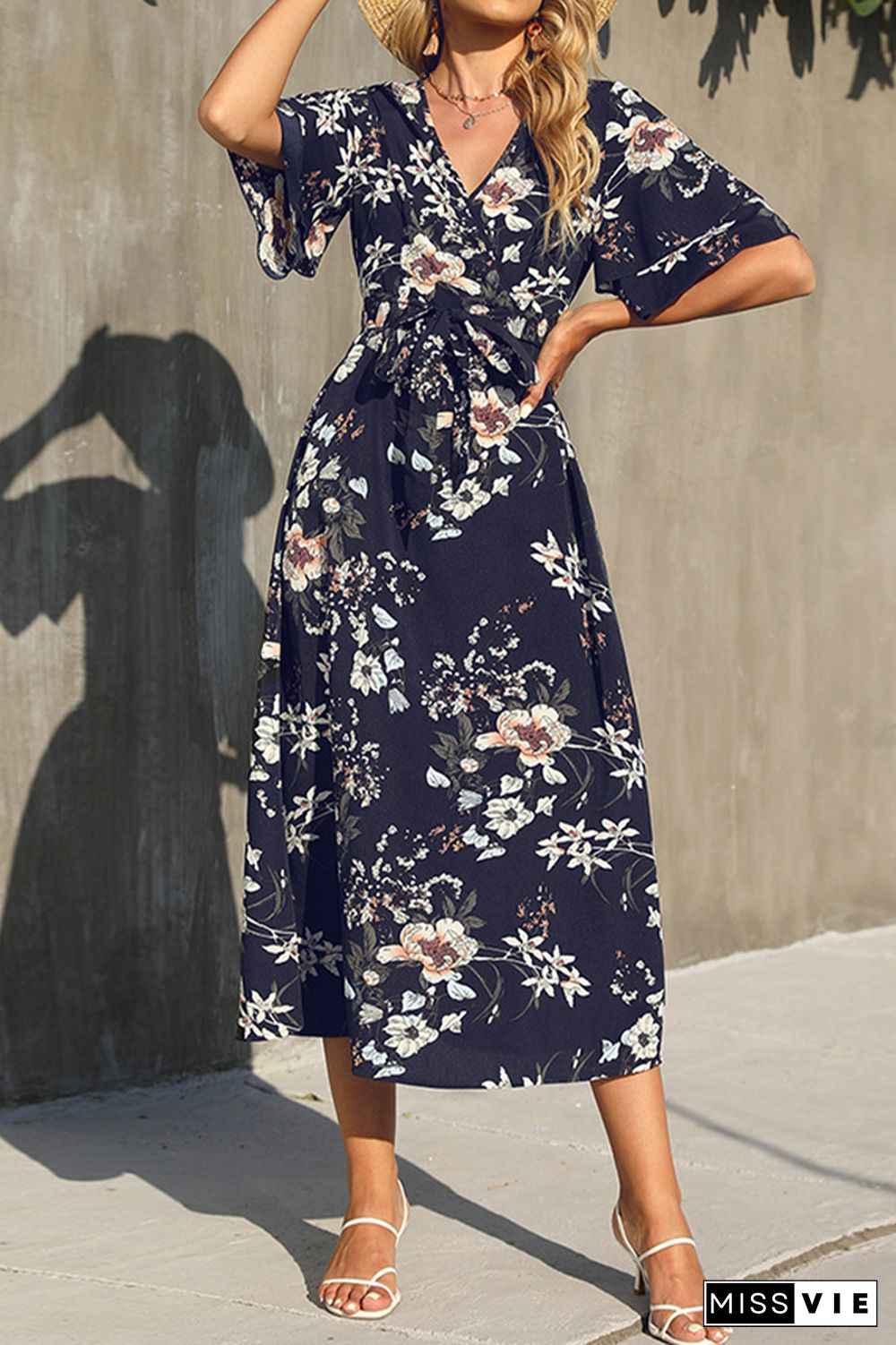 Floral Print V-neck Tie Waist Maxi Dress Wholesale