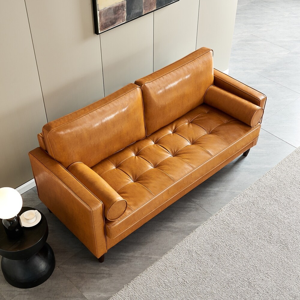 Mid Century Sofa with Hidden Storage Space and Removable Cushion  Faux Leather Sofa with Wood Frame for Living Room