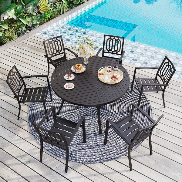 MAISON ARTS 7 Pieces Outdoor Dining Set for 6，Large Round Dining Table with Umbrella Hole and Stackable Metal Chairs