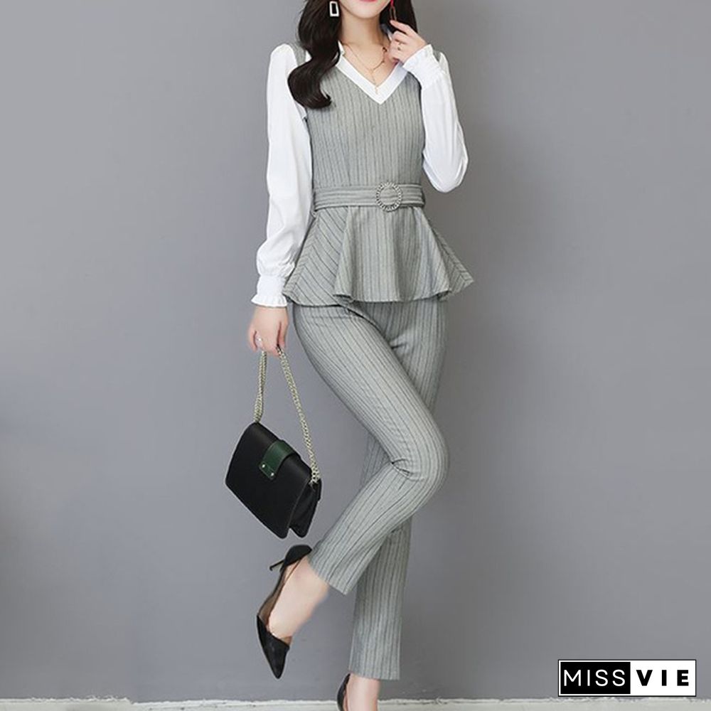 Grey Black Office Striped Two Piece Sets Outfits Women Plus Size Fake Two Pieces Shirts And Pants Suits Elegant Korean Sets