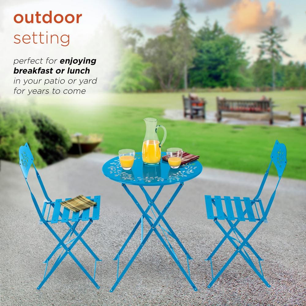 Alpine Corporation Indoor/Outdoor 3-Piece Bistro Set Folding Table and Chairs Patio Seating, Blue MSY100A-BL