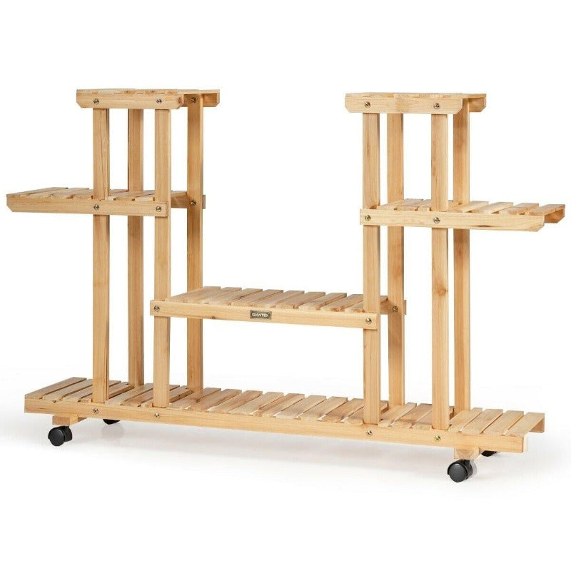 4 Tier Wood Plant Stand Rolling Flower Rack with 4 Wheels