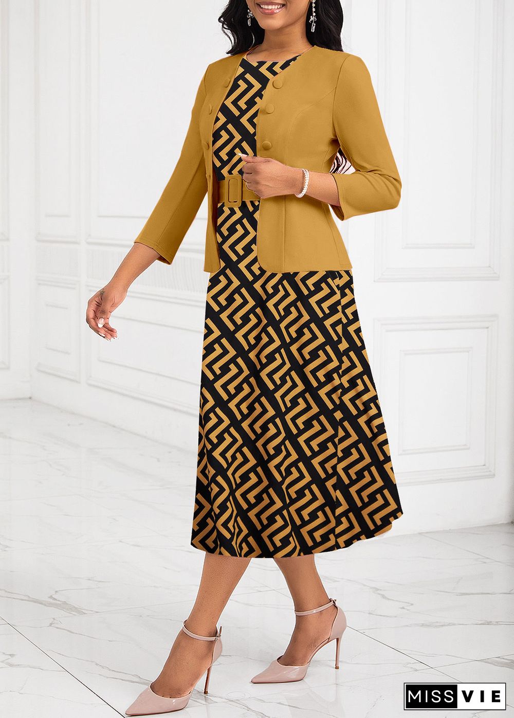 Geometric Print Two Piece Belted Ginger Round Neck Dress and Cardigan