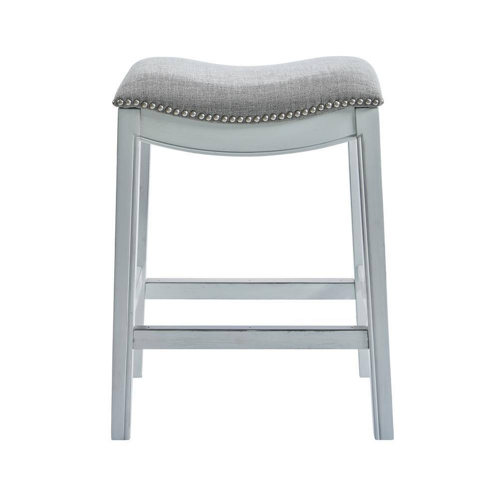 NewRidge Home Goods Zoey 25.5in. Saddle Counter-Height Stool with Antique Whitewashed Gray Linen Seat One Stool NR100134-FCS-AW