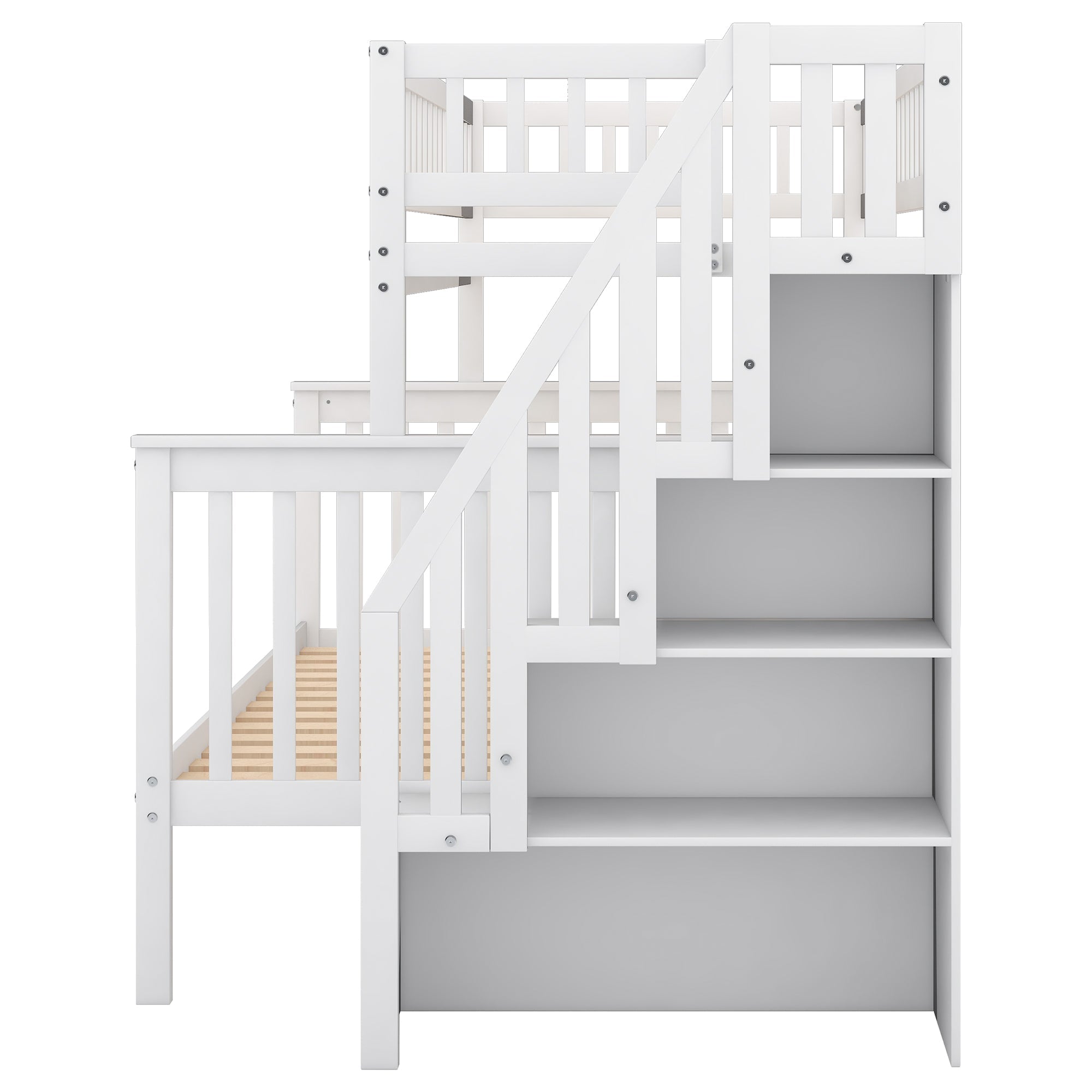 Euroco Twin Over Full Bunk Bed with Stairs and Storage for Kids, White